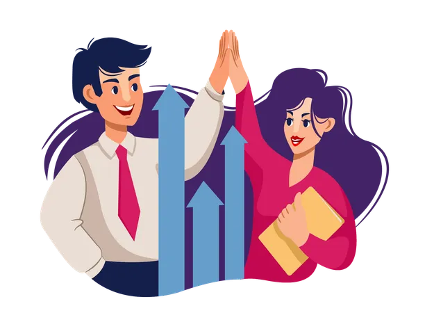 Teamwork Business Man And Woman High Fiving Each Other After Successful Negotiations With Potential Buyers Teamwork Of Guy And Girl Standing Near Up Arrows Beyond Successful Implementation Of Plan Illustration