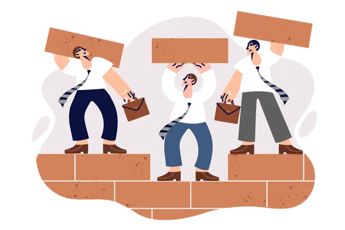 Teamwork of business men building wall of bricks together  Illustration