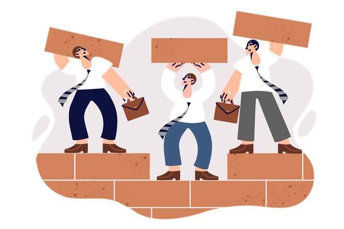 Teamwork of business men building wall of bricks together  Illustration