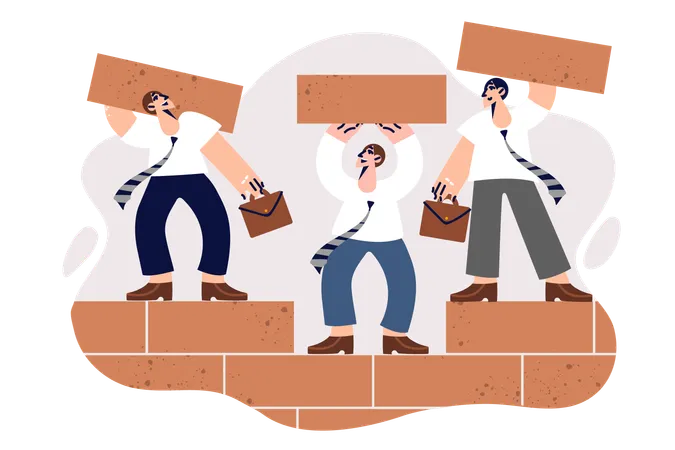 Teamwork Of Business Men Building Wall Of Bricks Together And Taking Care Of Creating Successful Corporation Teamwork Of Office Employees Performing Group Work To Achieve Success Together Illustration