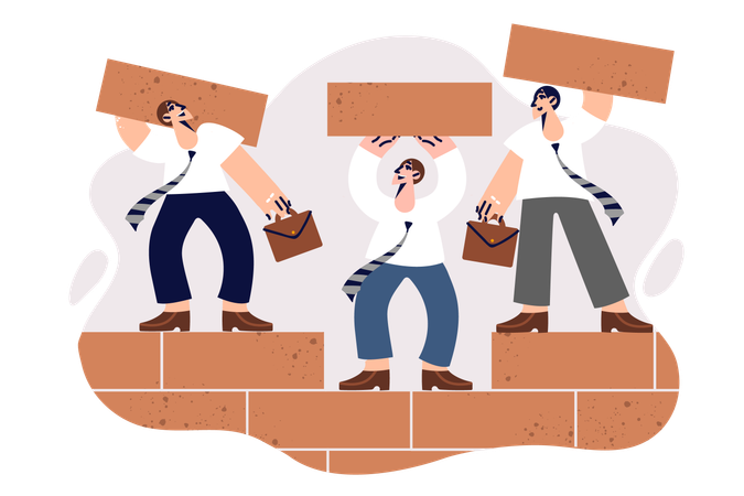 Teamwork of business men building wall of bricks together  イラスト