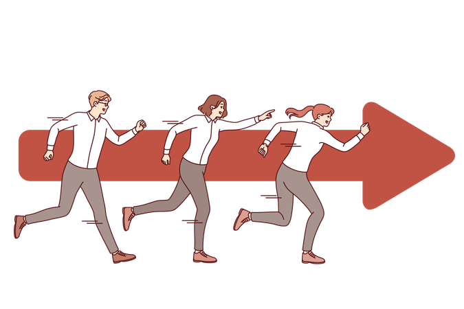 Teamwork of business people running together near arrow and striving to quickly achieve goal  Illustration