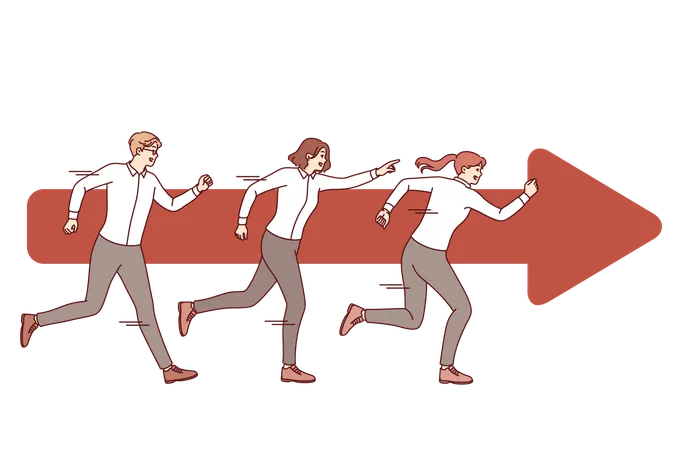 Teamwork of business people running together near arrow and striving to quickly achieve goal  Illustration