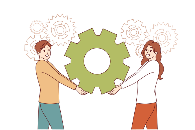 Teamwork of industrial employees together holding gear from production mechanism  Illustration