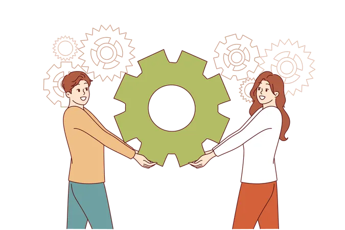 Teamwork of industrial employees together holding gear from production mechanism  Illustration