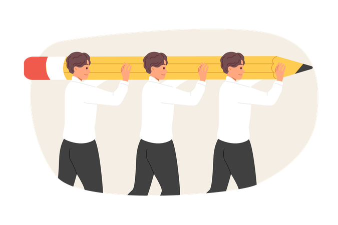 Teamwork of men lifting large pencil together to complete task set by company management  イラスト