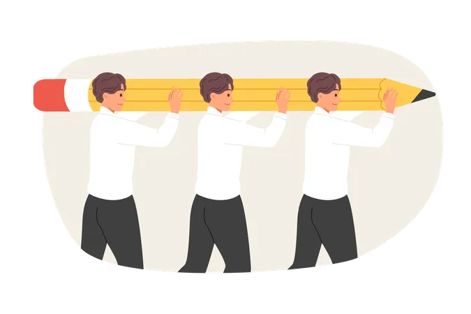 Teamwork of men lifting large pencil together to complete task set by company management  イラスト