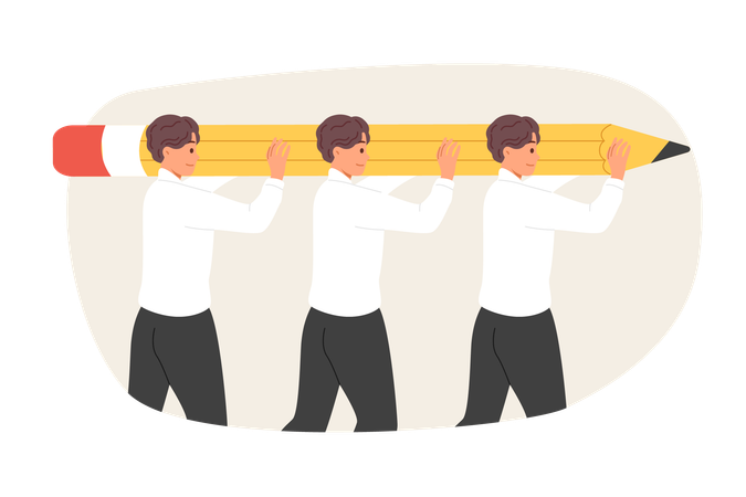 Teamwork of men lifting large pencil together to complete task set by company management  Illustration