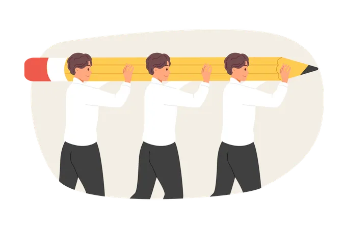 Teamwork of men lifting large pencil together to complete task set by company management  Illustration