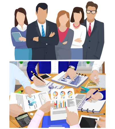 Teamwork on a business project Business Men and Business Women  Illustration