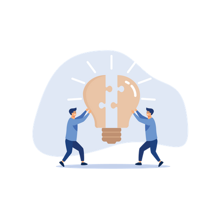 Teamwork or partnership for business success, innovation or creativity to solve problem, brainstorm or connect idea concept, businessman team members partner connect lightbulb jigsaw puzzle together.  Illustration