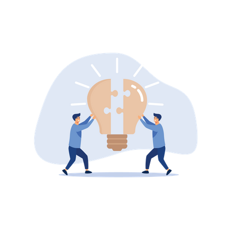 Teamwork or partnership for business success, innovation or creativity to solve problem, brainstorm or connect idea concept, businessman team members partner connect lightbulb jigsaw puzzle together. Illustration