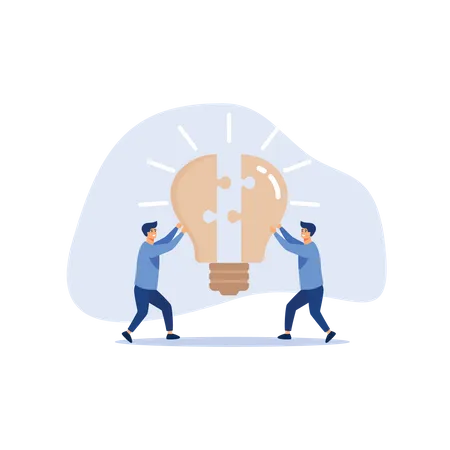Teamwork or partnership for business success, innovation or creativity to solve problem, brainstorm or connect idea concept, businessman team members partner connect lightbulb jigsaw puzzle together. Illustration