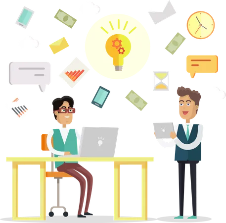 Teamwork Research Concept Two Men With Devices For Communication On Yellow Background Concepts For Business Strategic Management Finance People Teamwork SEO Technology Flat Vector Illustration Illustration