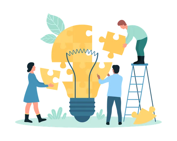 Teamwork To Develop Creative Idea Insight Vector Illustration Cartoon Tiny People Build Light Bulb From Puzzle Pieces Collaboration Of Inventors Group To Create Success Innovation Together Illustration