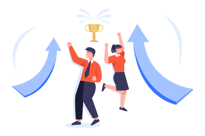 Teamwork to reach business success for trophy Illustration