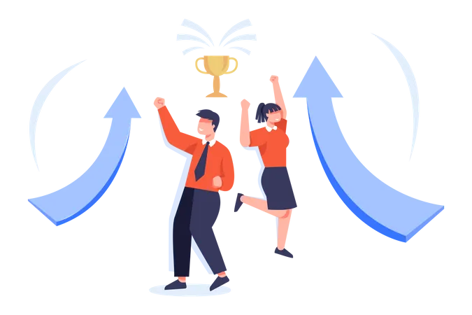 Teamwork to reach business success for trophy  Illustration