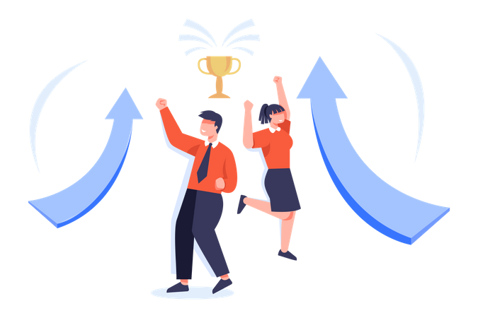 Teamwork to reach business success for trophy  Illustration