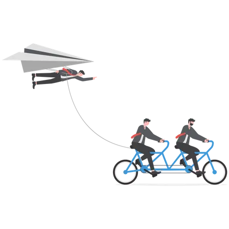 Teamwork To Successful Business Cooperation Bicycle Paper Plane Direction Illustration