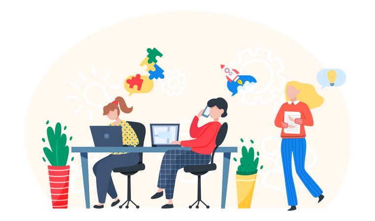 Teamwork with computers in office Illustration