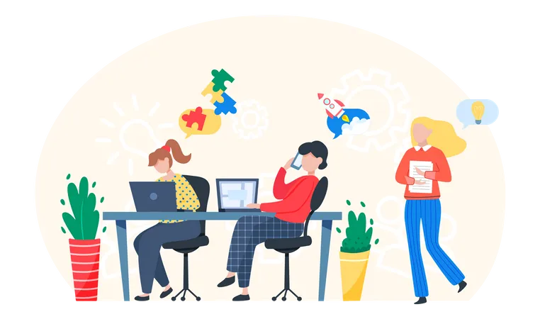 Teamwork with computers in office  Illustration