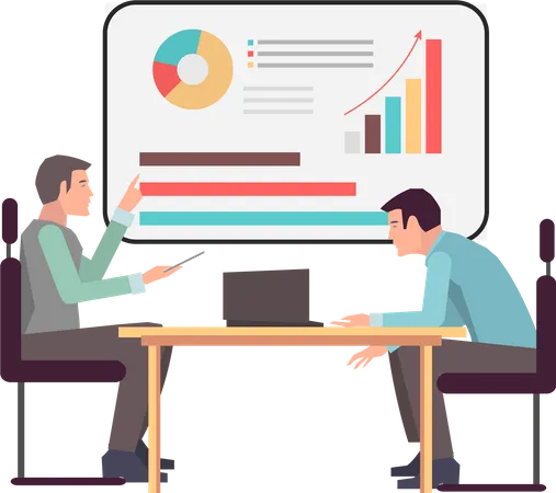 Businessmen Have Project Strategy Planning Meeting Teamwork With Statistics Analysis Discussion New Project Colleagues Discussing Work With Business Data Successful Project Planning And Analysing Illustration
