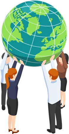 Flat 3 D Isometric Business Team Holding World Over Their Head Teamwork And Worldwide Business Concept Illustration