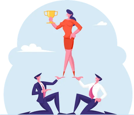 Teamworking And Goal Achievement Concept Pyramid Of Business People Young Businesswoman Leader Holding Golden Goblet Stand On Top Leadership Successful Team Work Cartoon Flat Vector Illustration Illustration