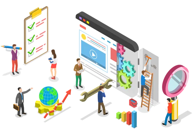 Isometric Flat Vector Concept Of Technical SEO Audit Search Engine Strategy Content Marketing Website Development Illustration