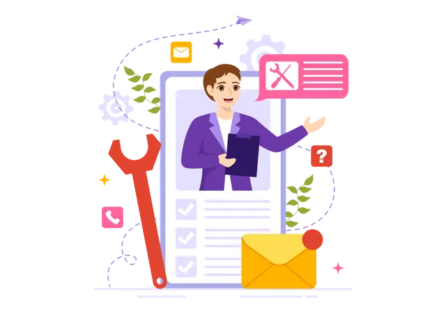 Technical Support System Vector Illustration With Software Development Customer Service And Technology Help In Flat Cartoon Hand Drawn Templates Illustration