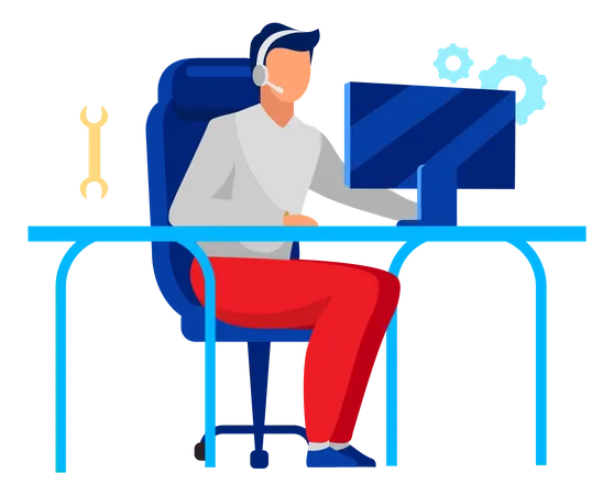 Technical Support Operator Flat Vector Illustration Company Employee Technician Isolated Cartoon Character On White Background Call Center IT Department Worker With Headset Computer Maintenance Illustration