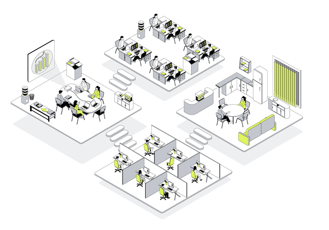作業エリアと休憩室を備えたオフィス内のテクニカルサポートオペレーター  イラスト