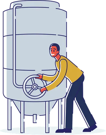 Technician Control Of Work Of Container With Liquid In Turning Control Valve  Illustration