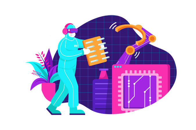 Technician in sterile coveralls is wearing virtual reality headsets at the semiconductor manufacturing plant  Illustration