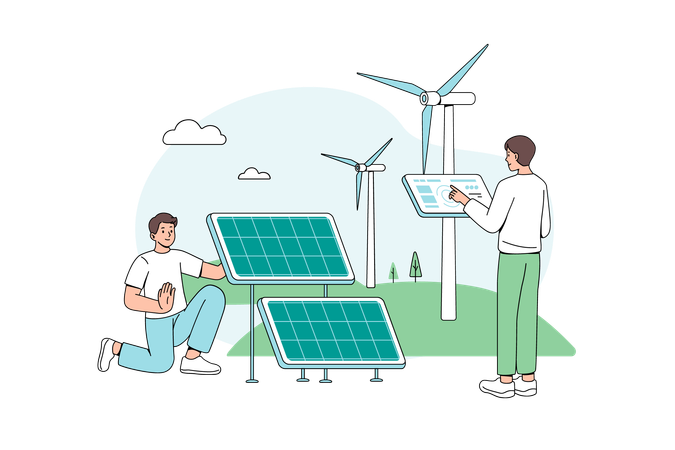 Technician installing solar and wind turbine  Illustration