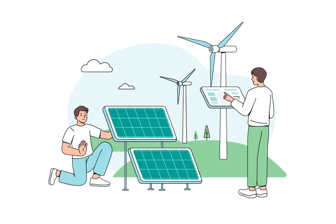 Technician installing solar and wind turbine  Illustration