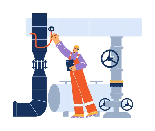 Technician man in helmet with tablet adjust lever of pressure gauge  Illustration
