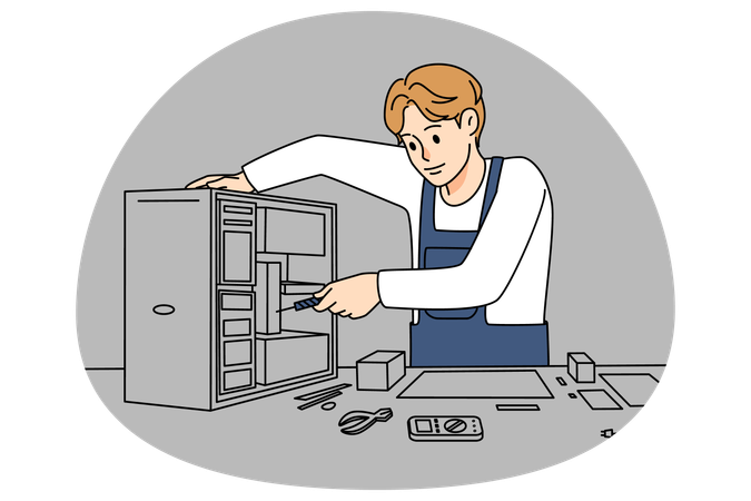 Technician repair computer hardware with screwdriver  Illustration