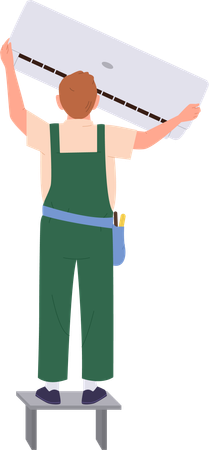 Technician worker character installing wall air conditioner  Illustration