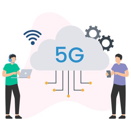 Technicians maintaining 5g cloud computing network with laptop and mobile phone  Illustration