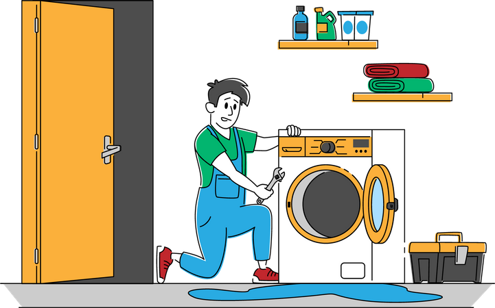 Technicien masculin réparant la machine à laver à la maison  Illustration