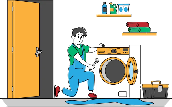 Technicien masculin réparant la machine à laver à la maison  Illustration