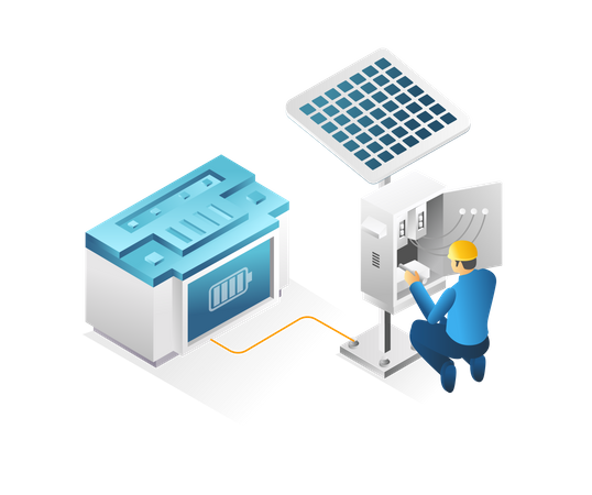 Technicien réparant la décharge de la batterie du panneau solaire  Illustration