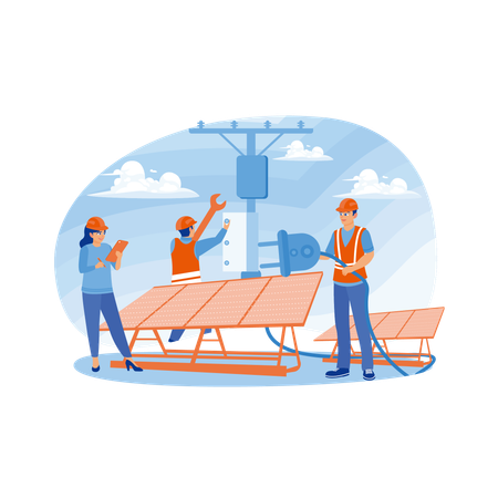 Techniker arbeiten an der Installation von Solarmodulen Illustration