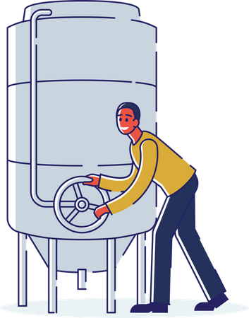 Techniker kontrolliert die Arbeit eines Behälters mit Flüssigkeit im Drehsteuerventil  Illustration