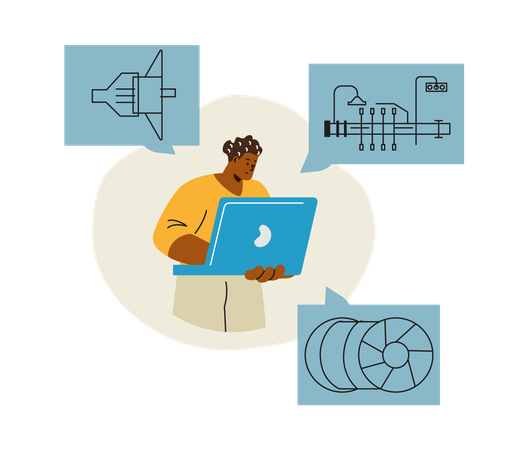 Technische Schiffsbesatzung mit Laptop inspiziert Maschinenbau, Vektormechanikerpersonal, Diagramme  Illustration