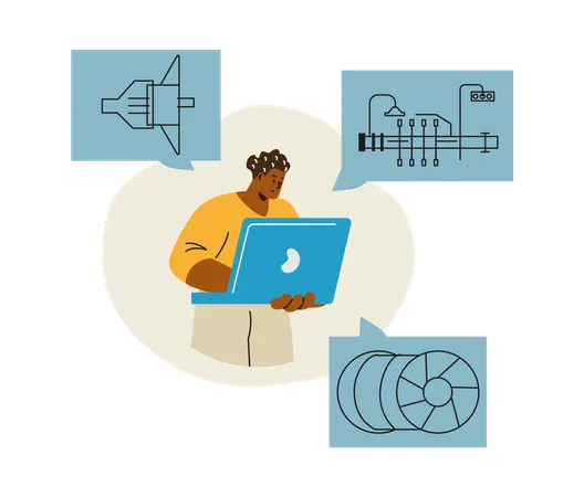 Technische Schiffsbesatzung mit Laptop inspiziert Maschinenbau, Vektormechanikerpersonal, Diagramme  Illustration