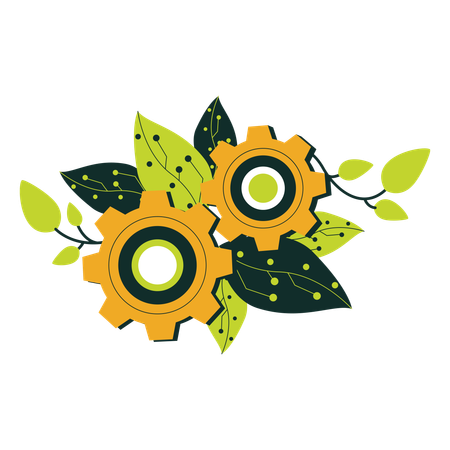Technologie écologique avec feuilles et engrenages verts  Illustration
