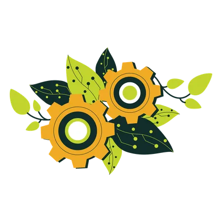 Technologie écologique avec feuilles et engrenages verts  Illustration