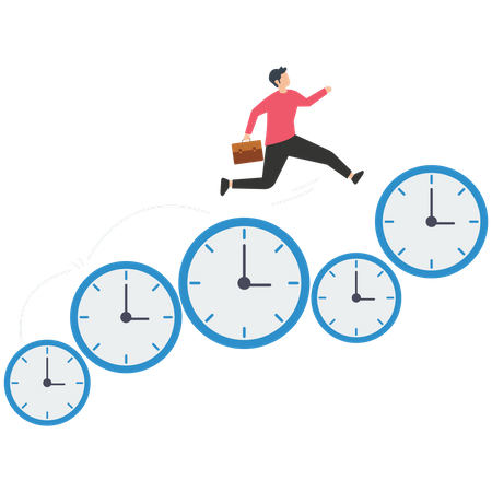 Técnicas de gerenciamento de tempo, gerenciar o tempo de pressa, empresário executando um grupo de relógios de ponto  Ilustração